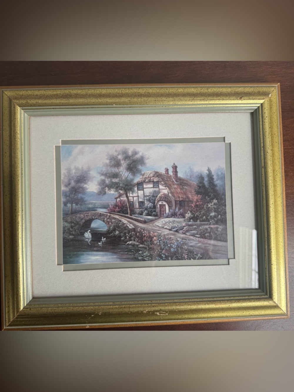 Carl Valente Framed English Cottage Swans under a Bridge Print
